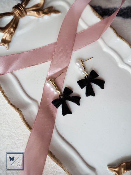 Love Is In The Air - Ribbon Bow with Faux Pearls Dangling Earrings