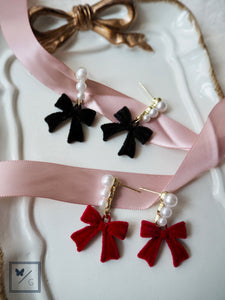 Love Is In The Air - Ribbon Bow with Faux Pearls Dangling Earrings