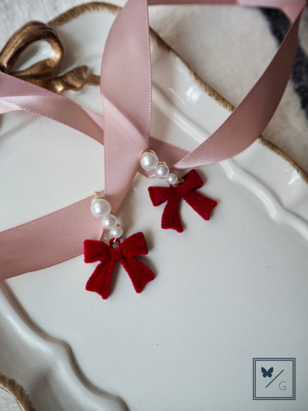 Love Is In The Air - Ribbon Bow with Faux Pearls Dangling Earrings