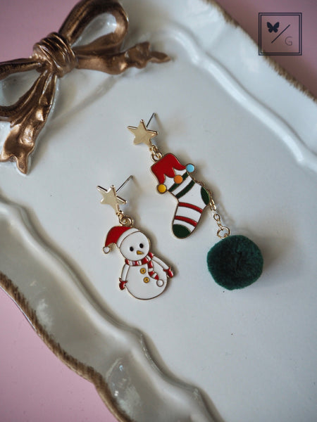 It's Beginning To Look A Lot Like Christmas - Christmas Stocking & Snowman Earrings